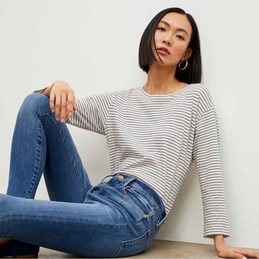 MM. LaFleur Cream and Black Striped Boatneck Top